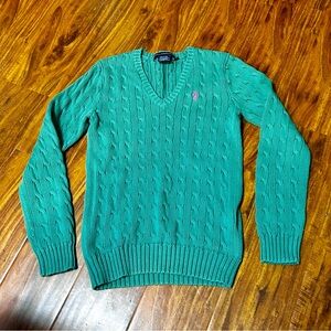 Vintage Ralph Lauren sport V-neck pullover sweater, green with pink pony Medium